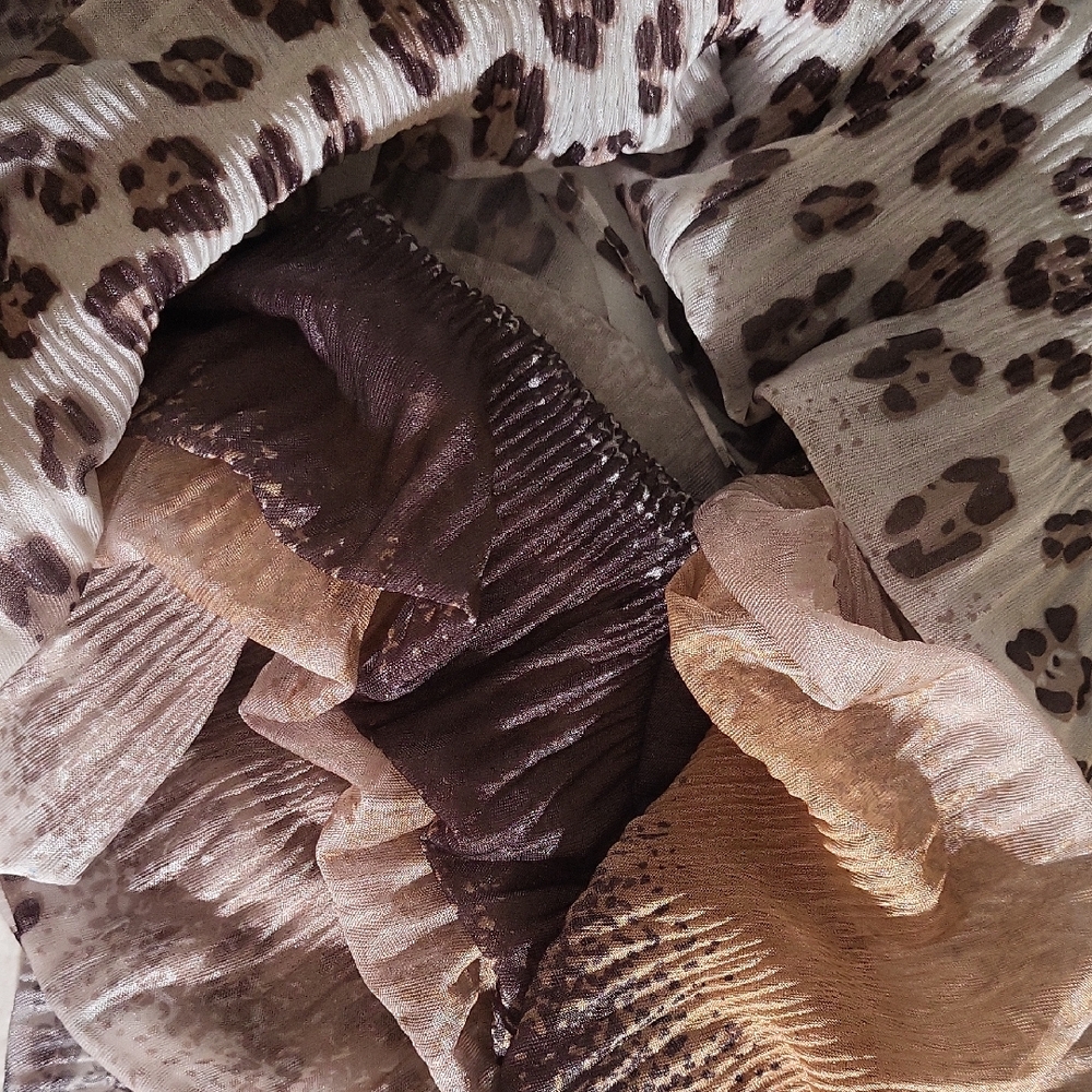 Large Infinity Scarf, Leopard Print mixed Colors Pleated Fabric 18" x 39" folded